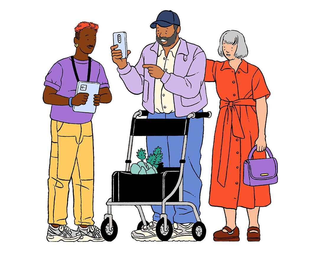 Graphic of a couple who need tech help and tech help staff
